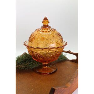Vintage Indiana Glass Marigold Carnival Glass Covered Compote • Harvest Grape Pa